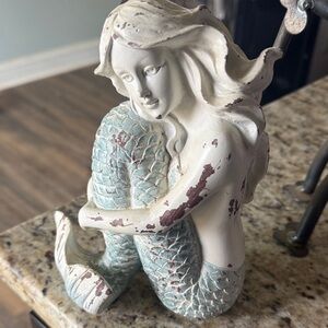 Elegant Mermaid Sculpture in Cream and Blue